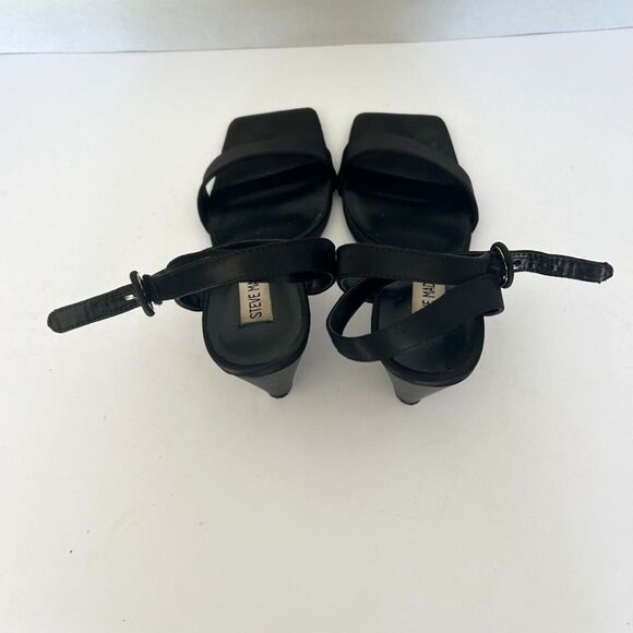 Steve Madden, Black Satin Square Toe, Ankle Strap Wedge Heel, sz 8, Chic Classic - Picture 5 of 6